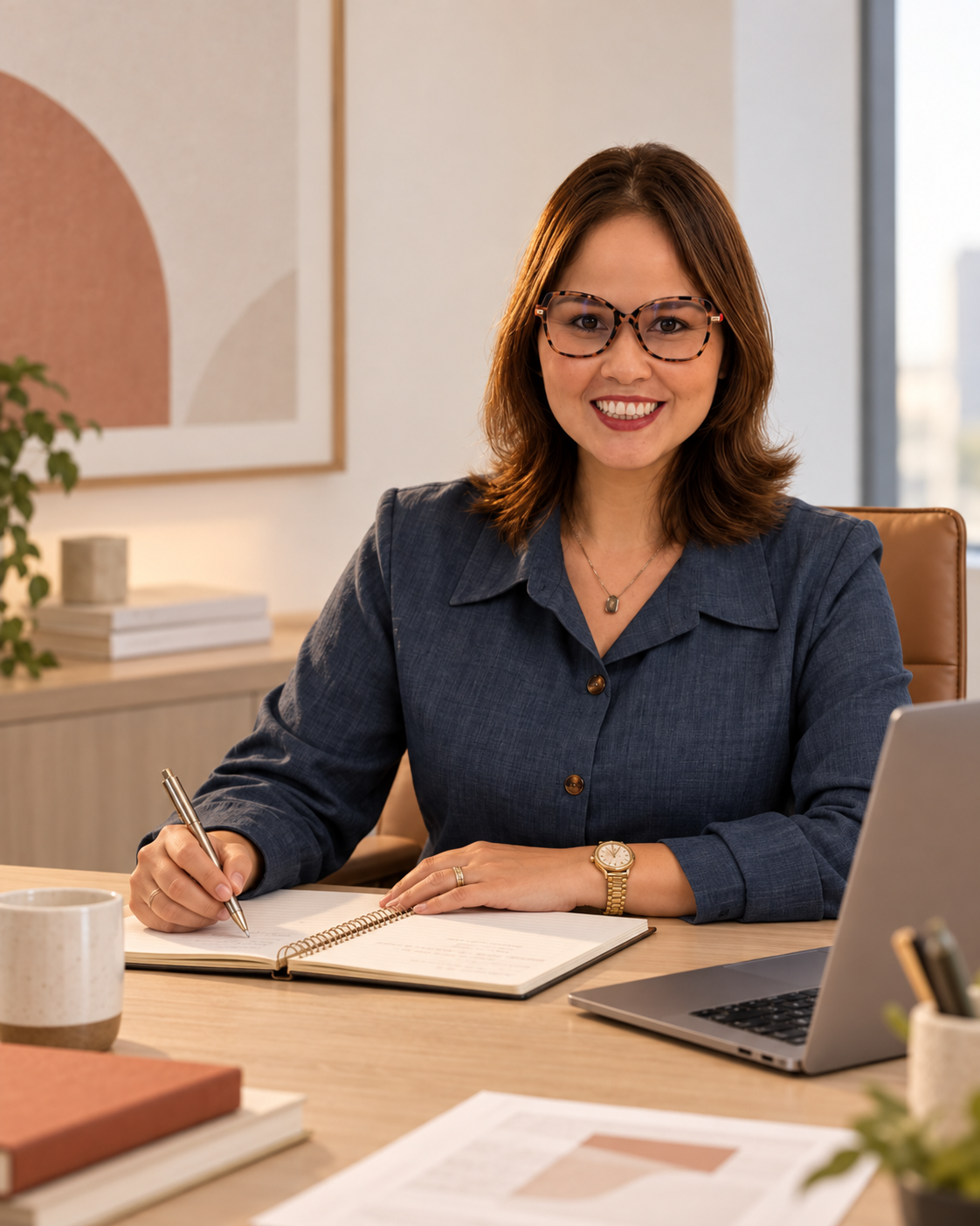 Isabelle Alves trabalhando em um escritório, escrevendo em um caderno ao lado de seu notebook
